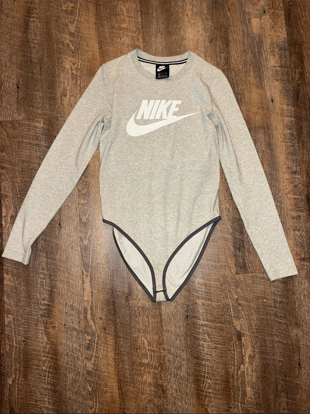 Nike Gray Long-Sleeve Logo Bodysuit with Black Trim